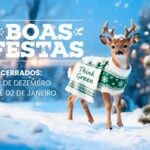 imagem paisagem natalícia com um veado a usar camisola think green, aviso de encerramento para férias de natal e votos de boas festas