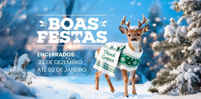 imagem paisagem natalícia com um veado a usar camisola think green, aviso de encerramento para férias de natal e votos de boas festas