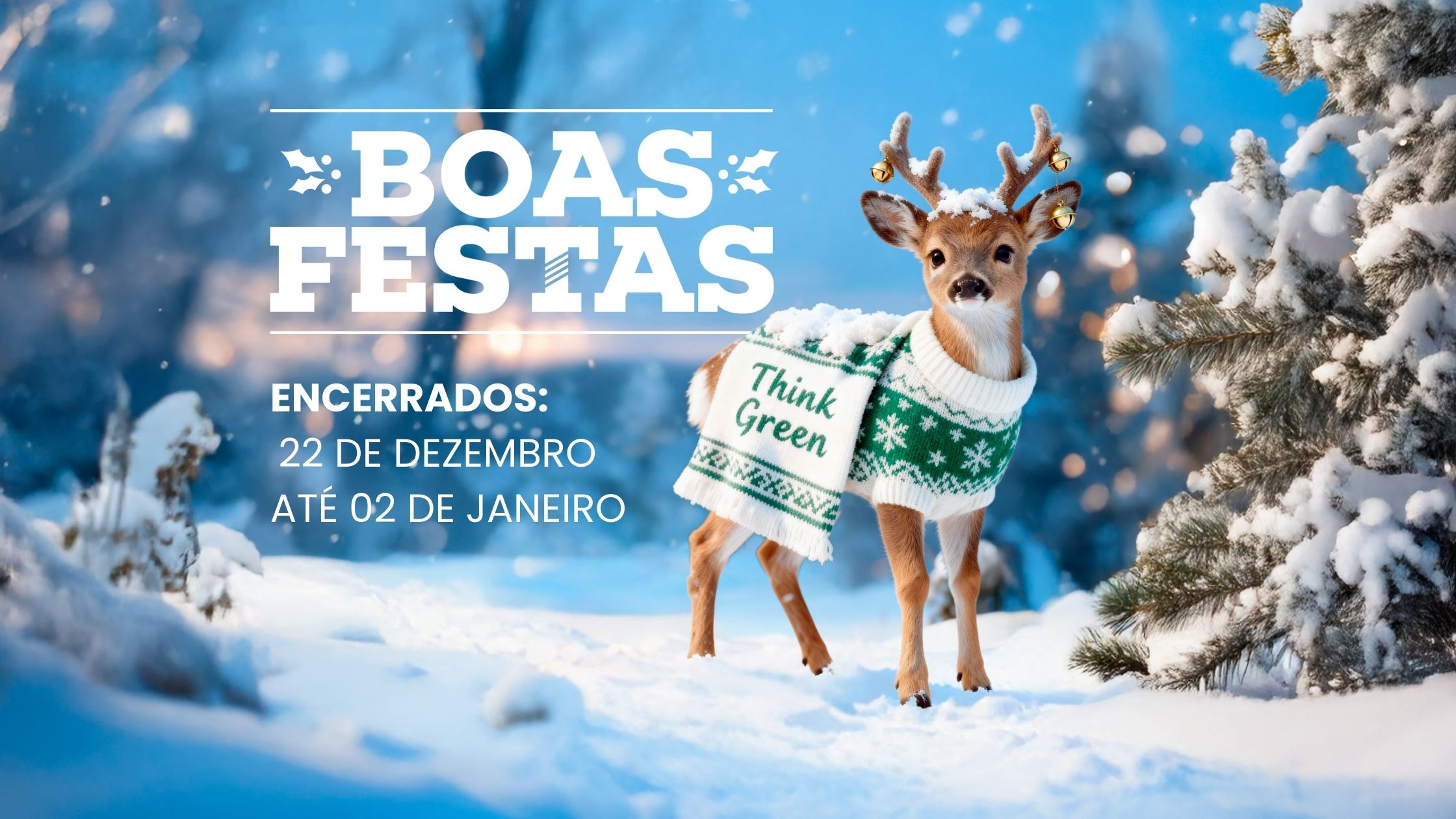 imagem paisagem natalícia com um veado a usar camisola think green, aviso de encerramento para férias de natal e votos de boas festas