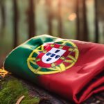portuguese flag - a red and green flag on a tree stump