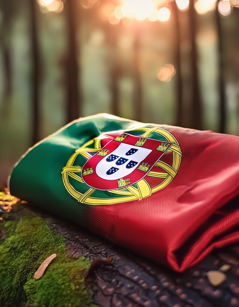 portuguese flag - a red and green flag on a tree stump