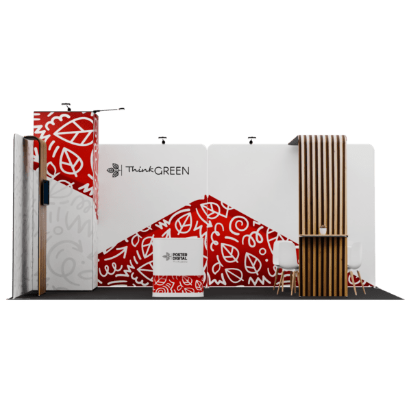 Stand Rio de Janeiro 600x300 cm com área privada, prateleiras, suporte para TV e torre de arrumos. Solução completa e flexível para feiras e eventos.