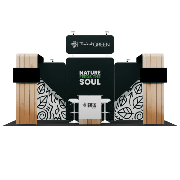 Stand Congo 6x3m, estrutura modular, suporte multimédia e prateleiras. Ideal para feiras e exposições com forte impacto visual.