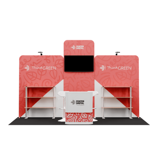 Stand Rio Grande 4x4m com 16m² de área, estrutura modular Tex Wave, impressão ecológica em tecido RPET e formato quadrado versátil. Ideal para feiras de grande impacto.