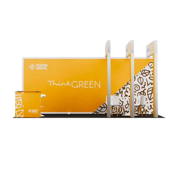 Expositor publicitário sustentável da Poster Digital, design modular com caixa de luz ideal para feiras e eventos ecológicos