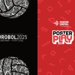 Imagem dividida em duas metades. À esquerda, fundo preto com uma bola de voleibol estilizada em padrão branco rendilhado e texto "EUROBOL 2025 – Gondomar, Portugal – Torneio Europeu de Voleibol Juvenil, Masculino e Feminino". À direita, fundo vermelho decorado com formas geométricas e o logótipo da Poster Play com o texto "Poster Digital – Think Green" e "Poster Play Fun Zone".
