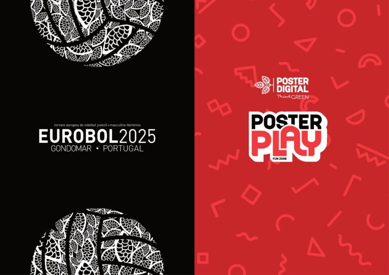 Imagem dividida em duas metades. À esquerda, fundo preto com uma bola de voleibol estilizada em padrão branco rendilhado e texto "EUROBOL 2025 – Gondomar, Portugal – Torneio Europeu de Voleibol Juvenil, Masculino e Feminino". À direita, fundo vermelho decorado com formas geométricas e o logótipo da Poster Play com o texto "Poster Digital – Think Green" e "Poster Play Fun Zone".
