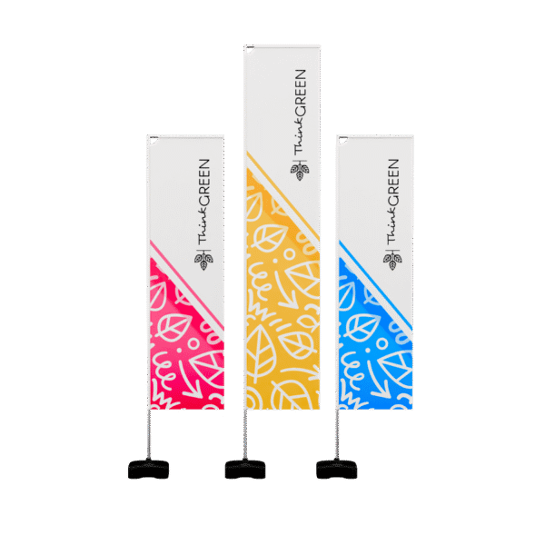 Bandeira Tex Wave Straight em tecido anti-vento 110g, estrutura em alumínio e base de guarda-sol incluída.