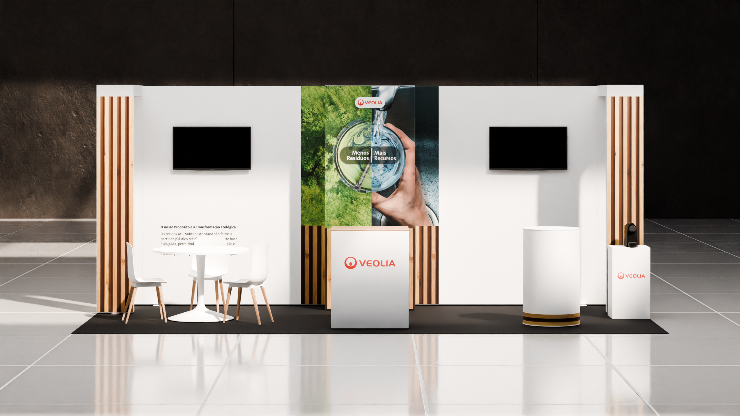 Stands Chave na Mão para a Veolia no ENEG. Design sustentável em rPET com fidelidade total entre a maquete e montagem.